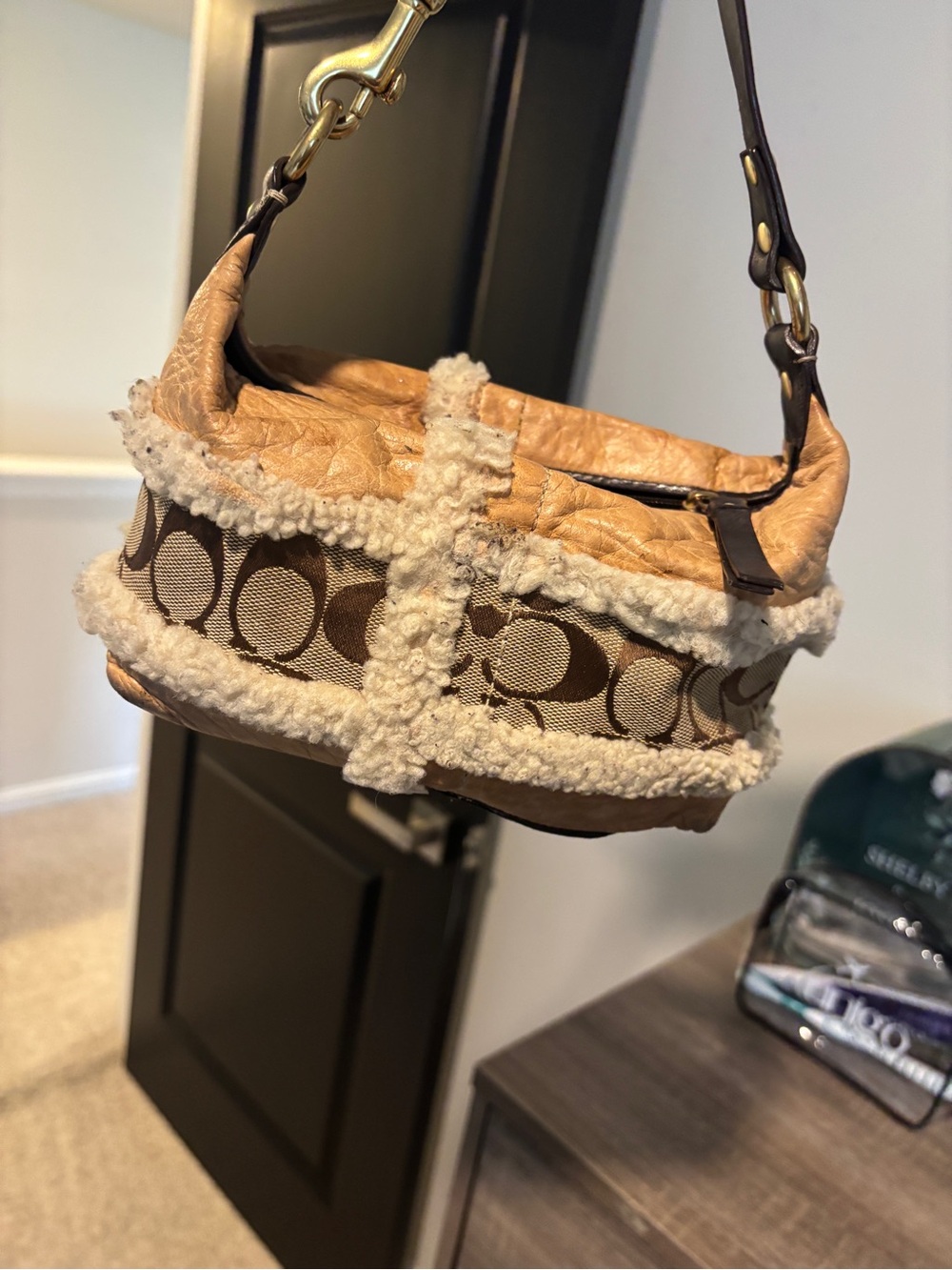 Coach Tan Leather Mini Hobo with Cream Shearling & Brown Signature Stripe - Picture 2 of 4